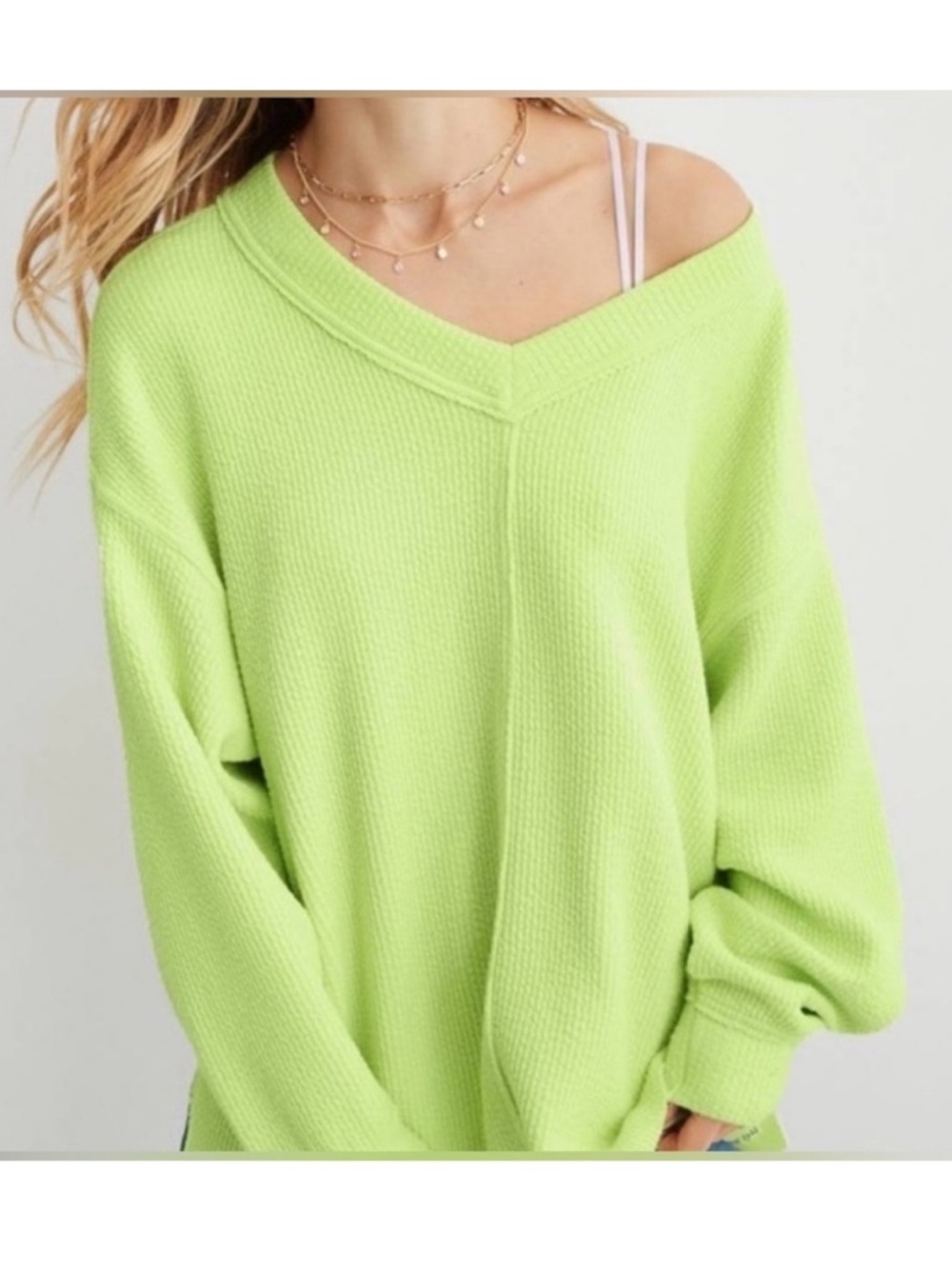 aerie Wonder Textured V-Neck Sweatshirt Green Medium